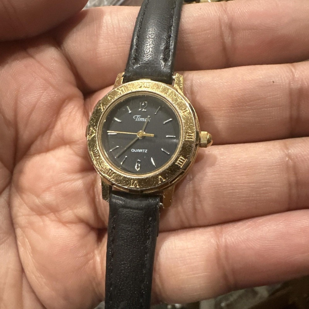 Works Vintage Timex Watch Women 25mm Black Gold Dial Black Band 1990 New Battery